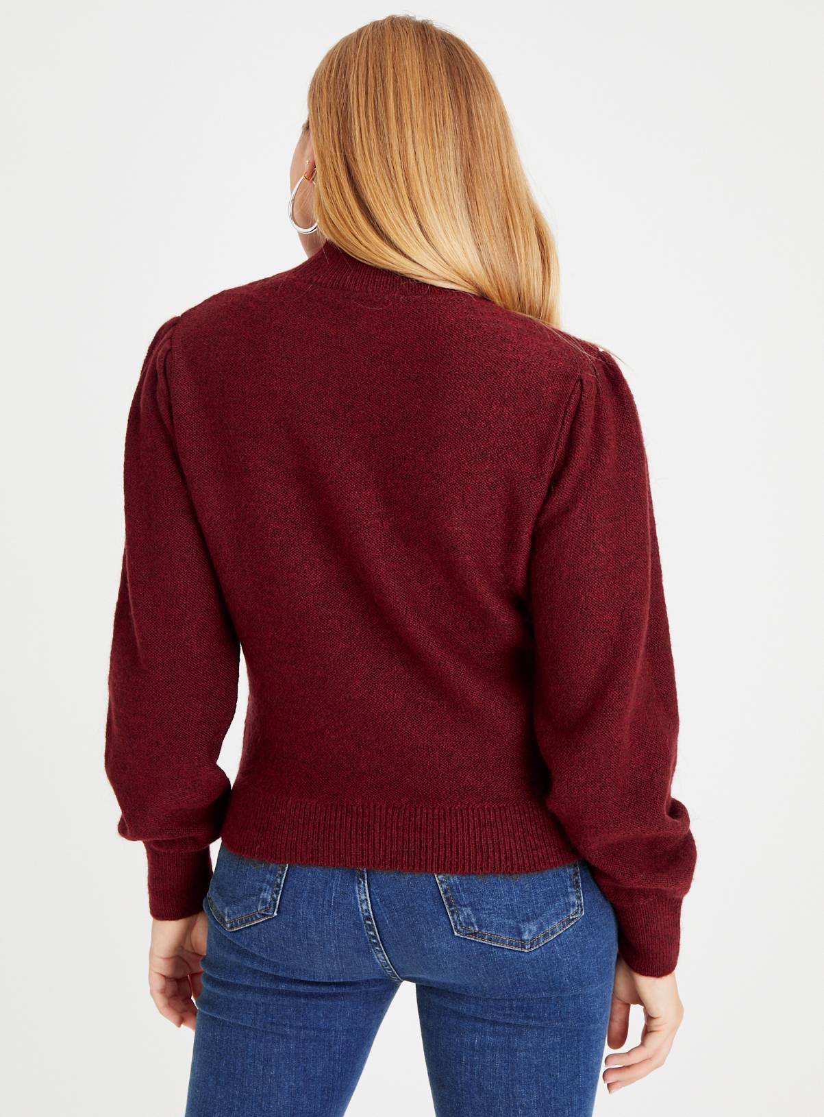 Dark Red Cable Design High Neck Jumper  M - Image 4